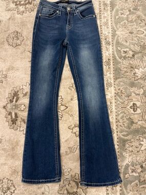 Mid-Rise Dark Blue Flare Jeans for Women